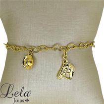 Pulseira elo coração com pingentes cavalo e chapéu folheado em ouro 18k