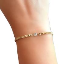 Pulseira Elo Groumet Com Pedrinha Cristal Banhada a Ouro