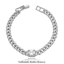 Pulseira Elo Grumet Todo Cravejado Zircônias com Pedra Central Retangular Folheado Ródio Branco