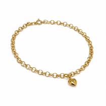 Pulseira Elo Português 2,5mm Pingente Coração Ouro 18K Pulseira Elo Português 2,5mm Pingente Coração Ouro 18K