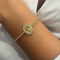 Pulseira Elo Português com Nossa Senhora Aparecida Banhado a Ouro Pulseira Elo Português com Nossa Senhora Aparecida Banhado a Ouro
