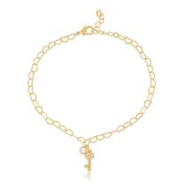 Pulseira elos coração com ponto de zirconia e chavinha folheado a ouro 18k Pulseira elos coração com ponto de zirconia e chavinha folheado a ouro 18k