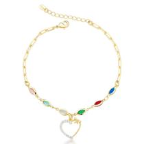 Pulseira Elos e Zircônios Coloridos e Coração Banhado a Ouro 18k Pulseira Elos e Zircônios Coloridos e Coração Banhado a Ouro 18k