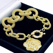 Pulseira Elos Malha Pingente Flor Raiada Banho Ouro 1889A 3297 Pulseira Elos Malha Pingente Flor Raiada Banho Ouro 1889A 3297