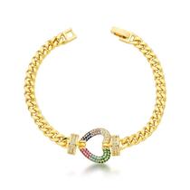 Pulseira elos passante coração cravejado zircônia colorida