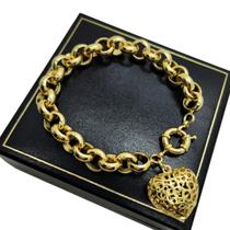 Pulseira Elos Portugueses 11mm Coração Decorado Banho De Ouro 1797K