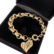 Pulseira Elos Portugueses 11mm Coração Diamantado Banho De Ouro 18k 1797H