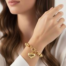 Pulseira Elos Portugueses 11mm Pingente Coração Banho De Ouro 18k 1797B