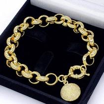 Pulseira Elos Portugueses 11mm Pingente Diamantado Banho De Ouro 18k 1797C