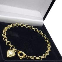 Pulseira Elos Portugueses 6mm Com Pingente Coração Banho De Ouro 18k 3191D