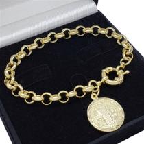 Pulseira Elos Portugueses 8mm Medalha São Bento Banho De Ouro 18k 3736D