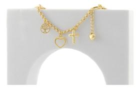 Pulseira Elos Portugueses E Pingente Coração Ouro 18k 750 Do Dourado 5 Cm