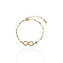 Pulseira Elos Redondos Símbolo Infinito Espelhado e Olho Grego Banho Ouro 18K