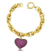 PULSEIRA ELOS TRABALHADOS ENTRELAÇADOS E CORAÇÃO CRAVEJADO Rubi