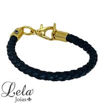 Pulseira em bijuteria couro trançado preto