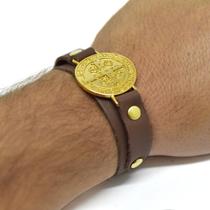 Pulseira Em Couro Atrevidu's Ajustável Medalha São Bento