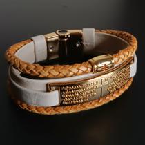 Pulseira em couro com fecho magnético pai nosso dourada