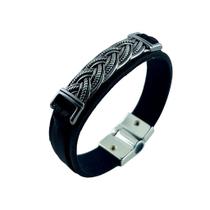Pulseira em Couro Genuíno e Aço Inoxidável - 19 cm