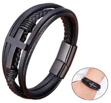 Pulseira em couro masculina feminina multi camada cruz aço inoxidável Pulseira em couro masculina feminina multi camada cruz aço inoxidável