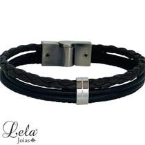 Pulseira em couro tripla marromtrançado e preto