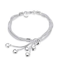 Pulseira em prata esterlina 925, corrente de cinco linhas com cinco corações Pulseira em prata esterlina 925, corrente de cinco linhas com cinco corações
