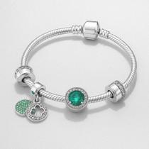 Pulseira Estilo Pandora com Berloques e Pedra Verde