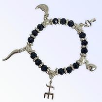 Pulseira Exu Preto com Prata e Penduricalhos Cristal