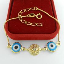 Pulseira Feminina 17/22cm 1mm Olho Grego Folheada Ouro PL493