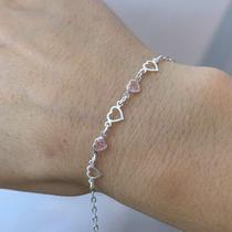 Pulseira Feminina 2 Zircônias e 3 Coração Prata 925 Legítima Pulseira Feminina 2 Zircônias e 3 Coração Prata 925 Legítima