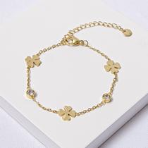 Pulseira Feminina Aço Inox Dourada Trevos e Zircônias