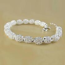 Pulseira Feminina Ajustável De Prata 925 Com Berloques De Flor E Bola Vazada, Joia Para Casamento E Pulseira Feminina Ajustável De Prata 925 Com Berloques De Flor E Bola Vazada, Joia Para Casamento E