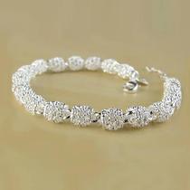 Pulseira Feminina Ajustável De Prata 925 Com Berloques De Flor E Contas Ocas, Joia Para Casamento E