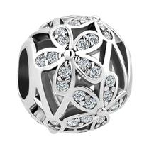 Pulseira Feminina Banhada a Prata 925 Com Zircão Coração E Contas De Flores Presente De Joias DIY