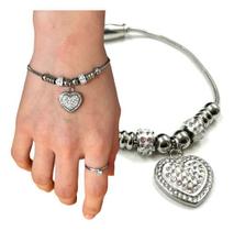 Pulseira Feminina Berloque Coração Fecho Magnético Aço Inox