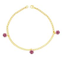 Pulseira Feminina Com Pedrinha Rosa Folheada e Banhada a Ouro 18k Com 1 Ano De Garantia