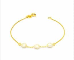Pulseira Feminina com Três Corações de Pérola Pulseira Feminina com Três Corações de Pérola