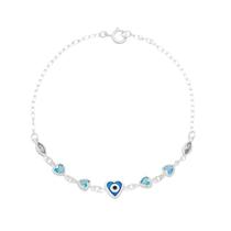 Pulseira feminina coração olho grego, zircônias azul claro e cristal 19cm Prata 925 Pulseira feminina coração olho grego, zircônias azul claro e cristal 19cm Prata 925