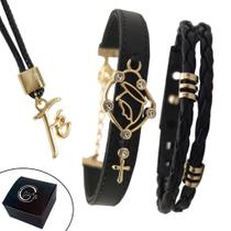 Pulseira Feminina Couro N Sra Aparecida Kit C /2 + Colar Fé Pulseira Feminina Couro N Sra Aparecida Kit C /2 + Colar Fé