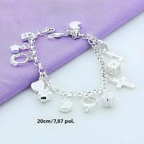 Pulseira Feminina De Prata Esterlina 925 Com Pingente De Estrela, Lua E Coração De Zircônia, 8 Pulseira Feminina De Prata Esterlina 925 Com Pingente De Estrela, Lua E Coração De Zircônia, 8