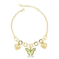 Pulseira Feminina Delicada Banhada em Ouro 18k - Corações e Borboleta com Cristais Verdes