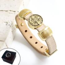 Pulseira Feminina Dourada De Couro Medalha De São Bento Bege Pulseira Feminina Dourada De Couro Medalha De São Bento Bege