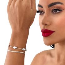 Pulseira Feminina Dupla Cravejada Esferas Bijuterias banho Ouro 18k Prata acessórios festa presente