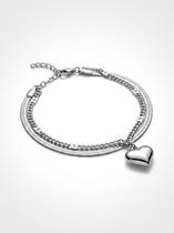Pulseira Feminina Dupla Fita Grumet Detalhada Com Coração 23CM Aço