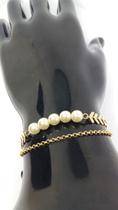 Pulseira Feminina Elo Duplo Com Perolas Banhada a Ouro Pulseira Feminina Elo Duplo Com Perolas Banhada a Ouro