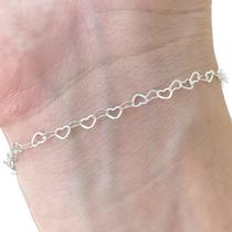 Pulseira Feminina Elos de Corações Prata 925 Legítima Fina