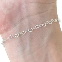 Pulseira Feminina Elos de Corações Prata 925 Legítima Fina