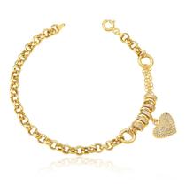 Pulseira Feminina em Ouro 18K Elos Mistos com Pingente e Argolas