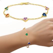 Pulseira Feminina Em Ouro 18k Pedras Coração De Zircônia 5mm Colorida Pulseira Feminina Em Ouro 18k Pedras Coração De Zircônia 5mm Colorida