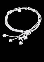 Pulseira Feminina em Prata 925 Delicada com Pingentes de Coração Brilhante