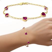 Pulseira Feminina Ouro 18k Com Zircônias Coração De 5mm Pulseira Feminina Ouro 18k Com Zircônias Coração De 5mm